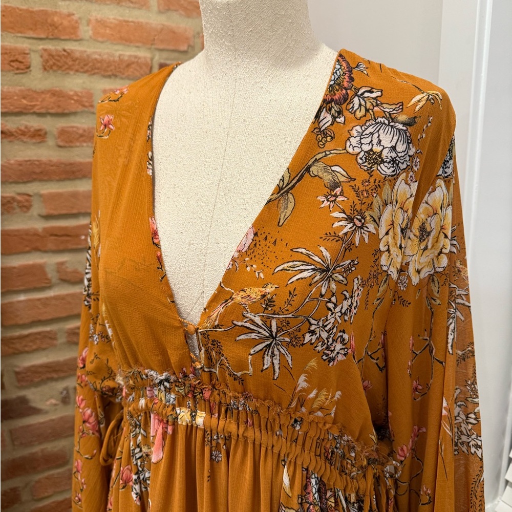 Free People Yellow Sundress with 3/4 Bishop Sleeves and Plunge Neckline